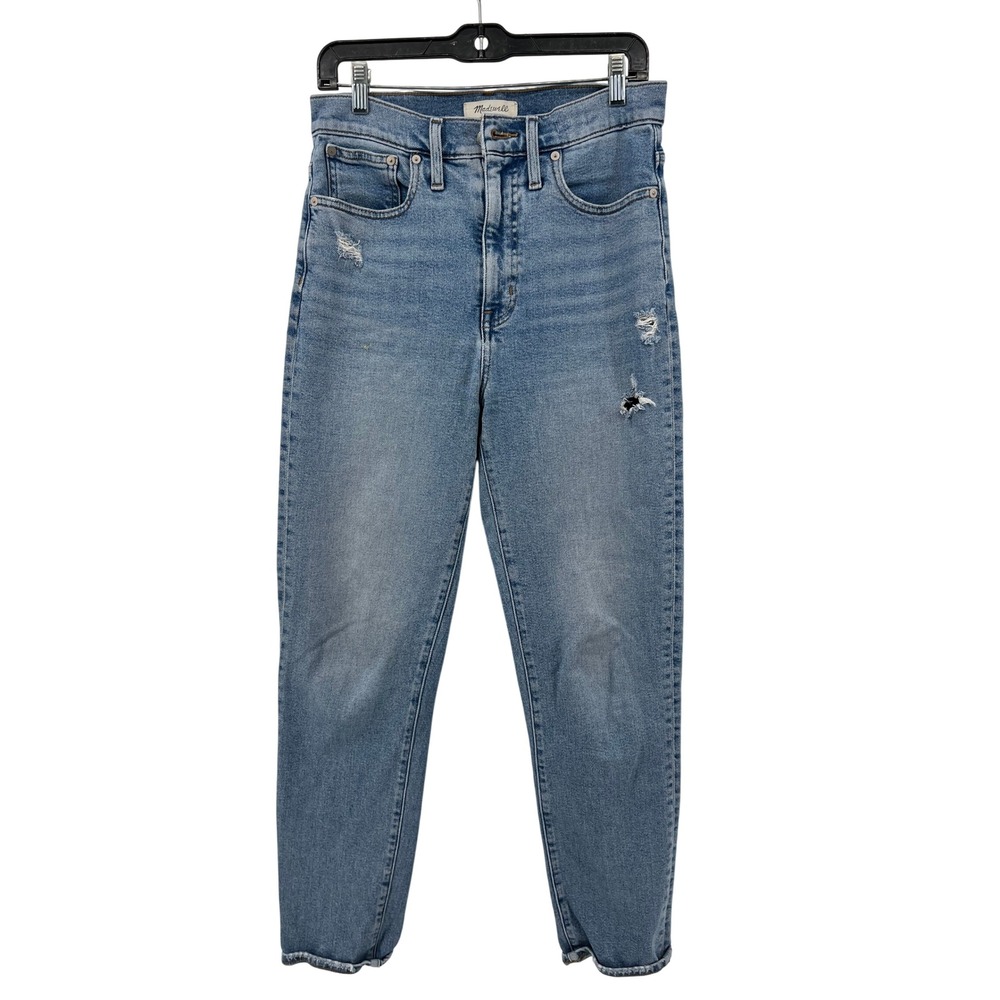 Madewell The Momjean Distressed High Rise Tapered Leg Jeans Blue 28T Medium Wash
